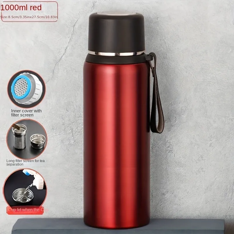 Stainless Steel Insulated Water Bottle with Tea Infuser - Large Capacity, Dual Lids for Men & Women, Portable & Spill-Proof, Perfect for Outdoor Activities & Gifts