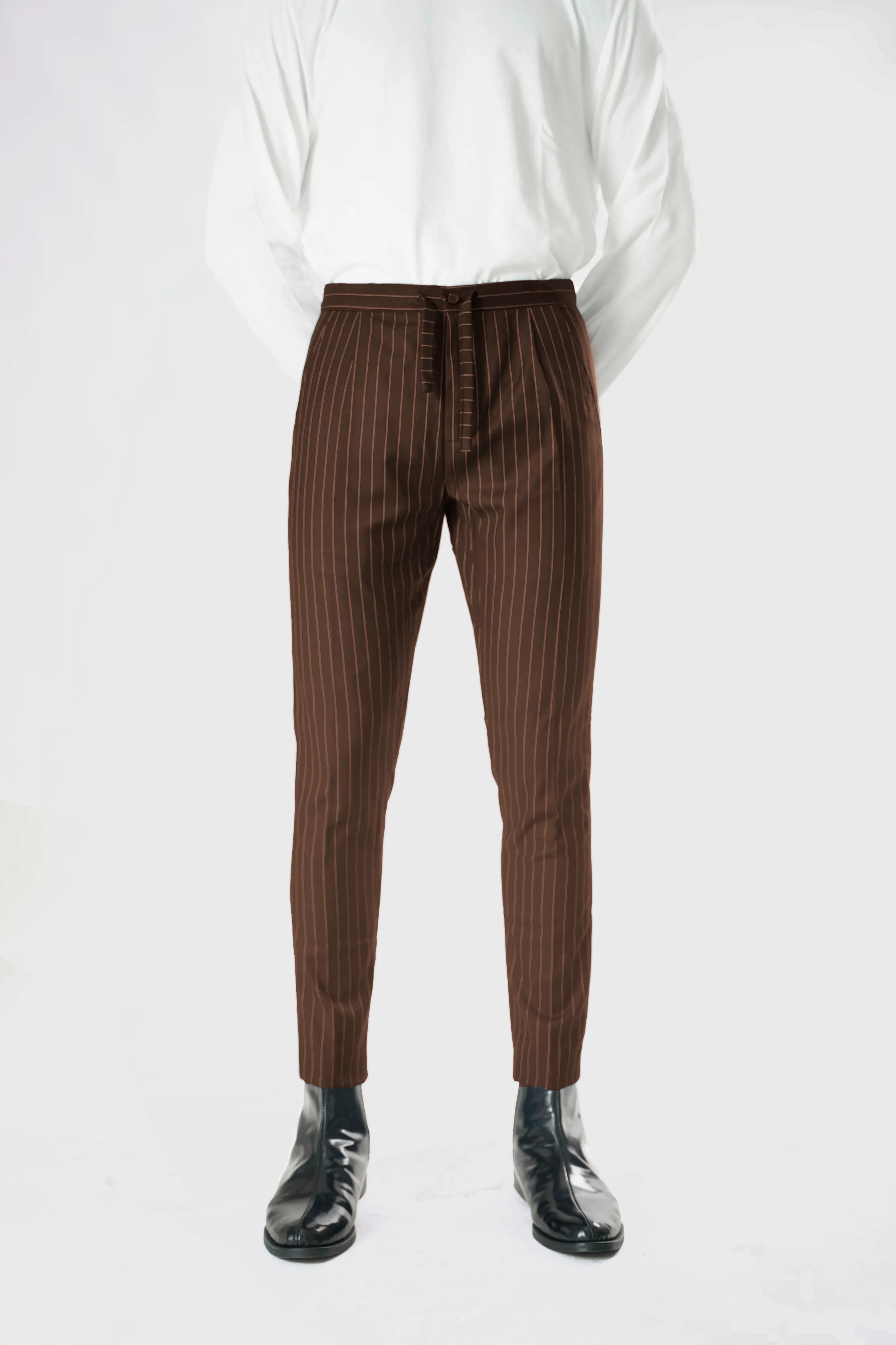 Standard Length Long Sleeve Wool Pants in Coffee Brown Pinstripe