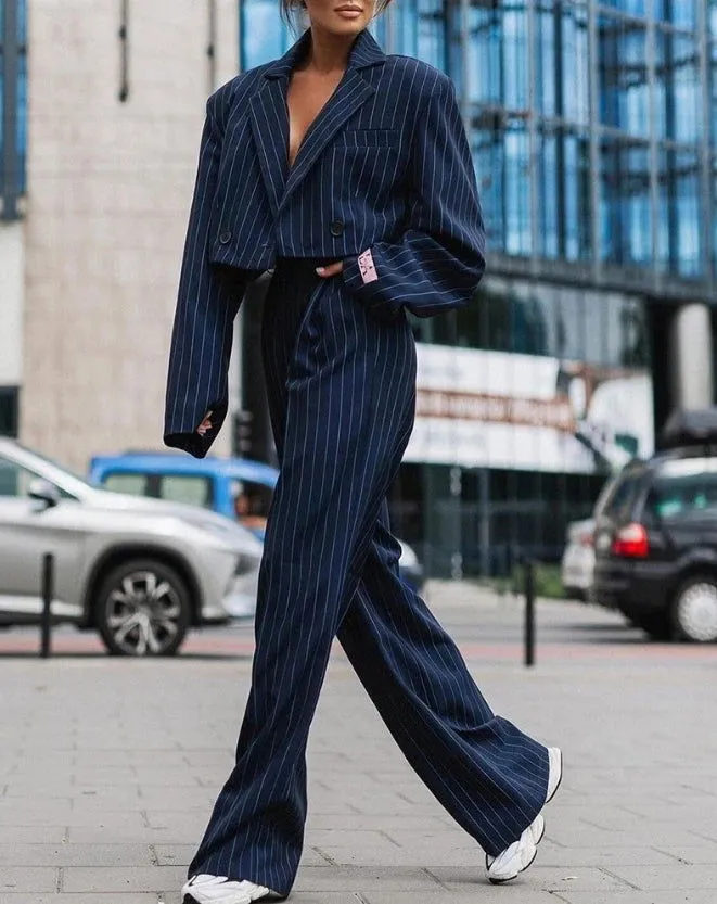 Stripe  Deep V-neck Long Sleeve Striped Blazer & Pants Suits