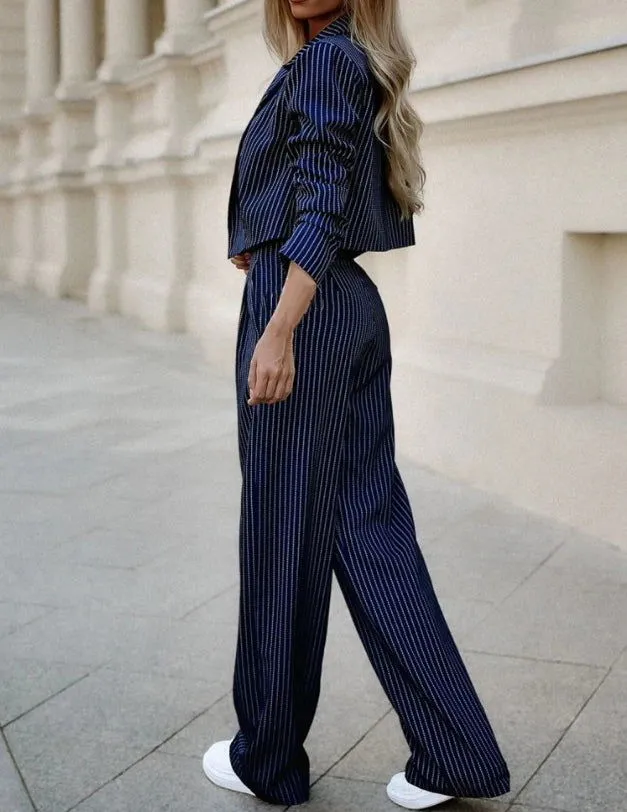 Stripe  Deep V-neck Long Sleeve Striped Blazer & Pants Suits