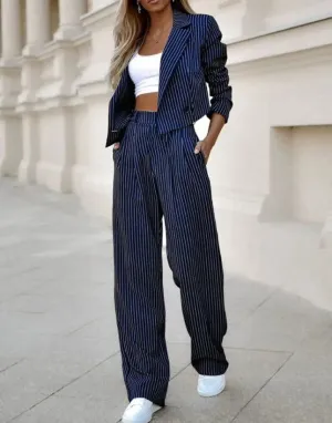 Stripe  Deep V-neck Long Sleeve Striped Blazer & Pants Suits