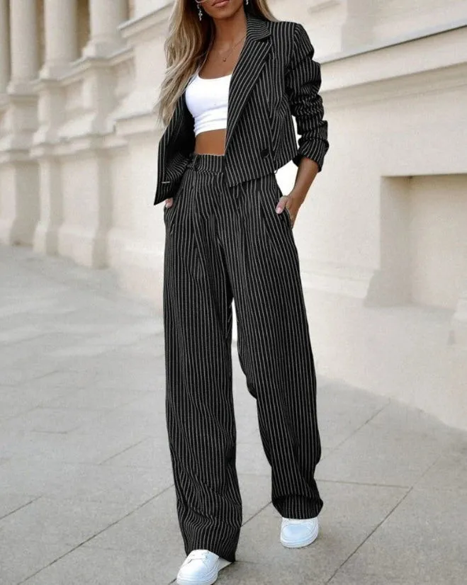 Stripe  Deep V-neck Long Sleeve Striped Blazer & Pants Suits