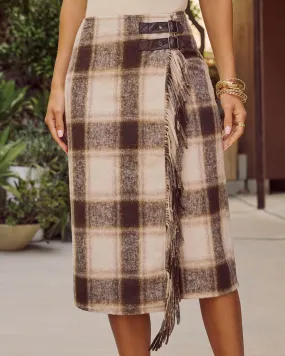 Sweet Warmth Plaid Fringe Trim Midi Skirt