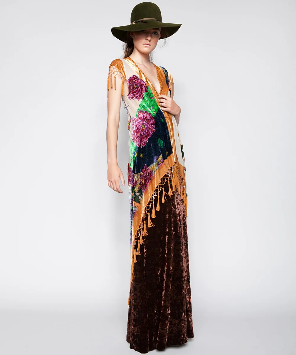 THE ARABELLA VELVET MAXI SKIRT IN CHESTNUT