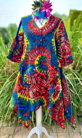 TIE DYE COTTON SMOCK DRESS / TUNIC SIZE L / XL (432)