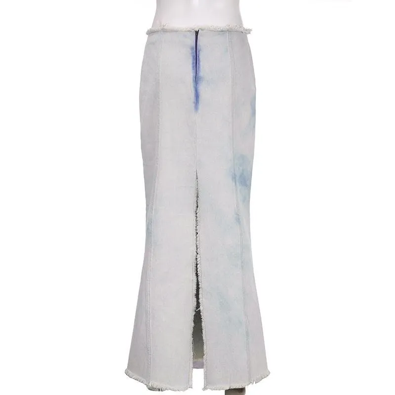 Tie dye raw hem zip-up slit midi skirt