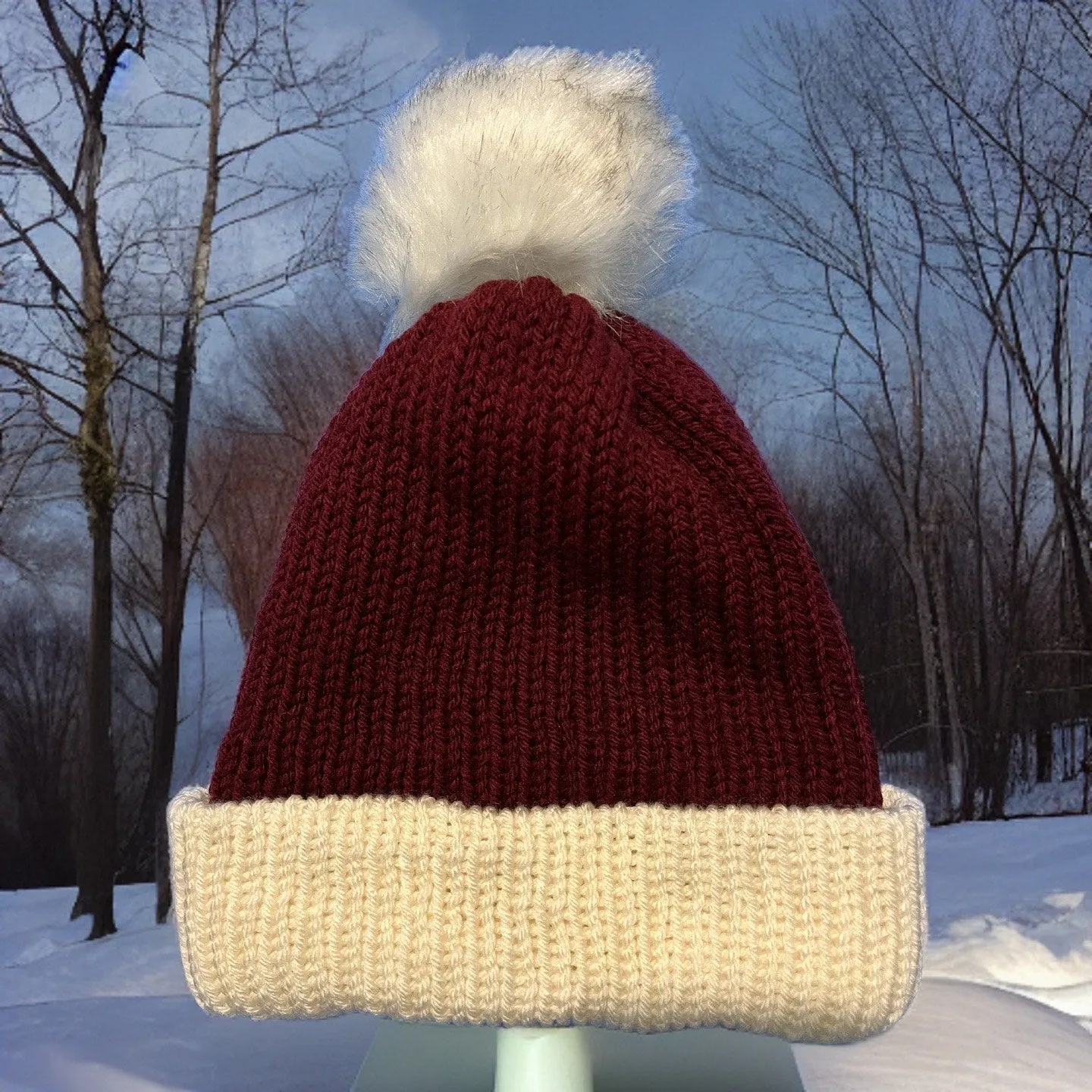 Toboggan, Loomed, w/Pom, Red/Cream