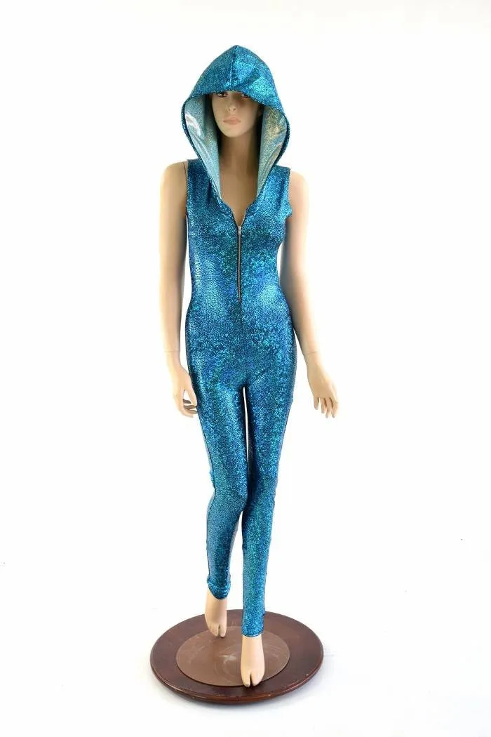 Turquoise Holographic Zipper Hoodie Catsuit