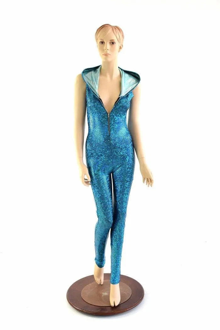 Turquoise Holographic Zipper Hoodie Catsuit