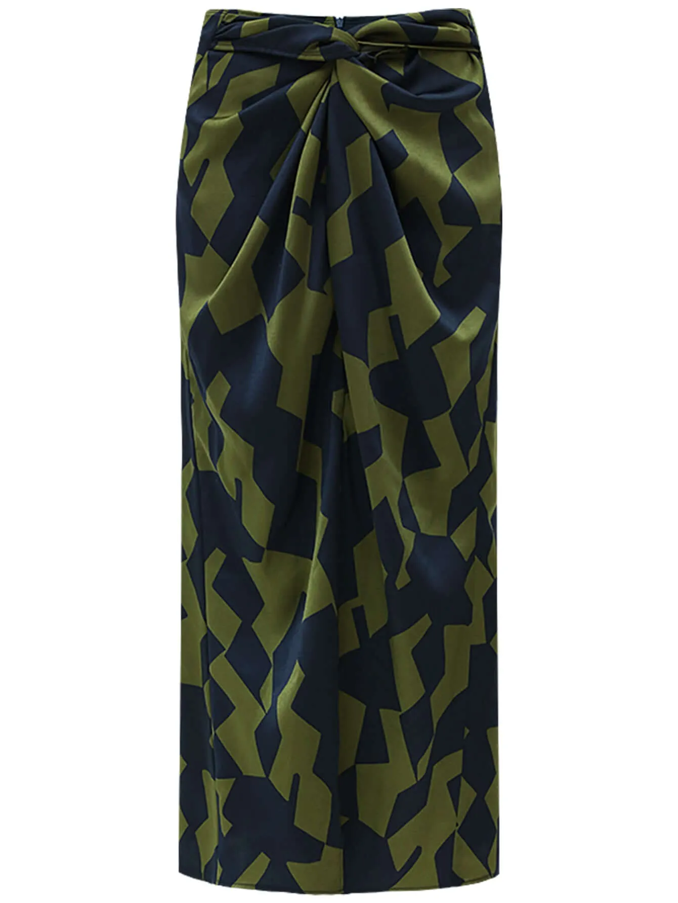 Twisted Front Green Geometric Green Midi Skirt with Front Slit