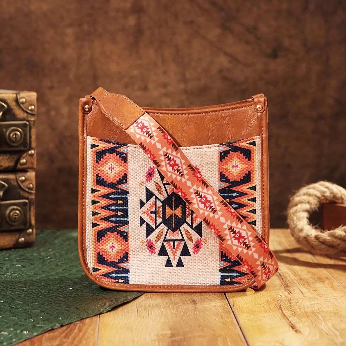 Vibrant Saddle Crossbody Bag - Made of High-Quality PU Leather with Adjustable Shoulder Strap, Stylish Crossbody Design, and Colorful Tribal Pattern - Inspired by Bohemian Western Cowboy Fashion, Perfect Shoulder Bag for Everyday Use