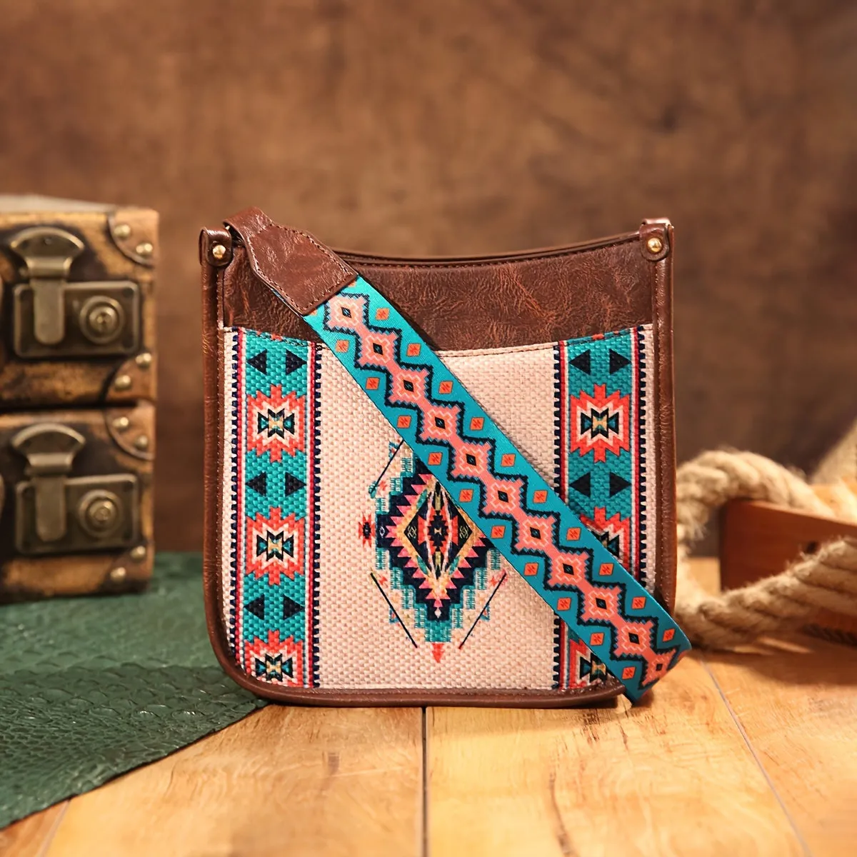 Vibrant Saddle Crossbody Bag - Made of High-Quality PU Leather with Adjustable Shoulder Strap, Stylish Crossbody Design, and Colorful Tribal Pattern - Inspired by Bohemian Western Cowboy Fashion, Perfect Shoulder Bag for Everyday Use