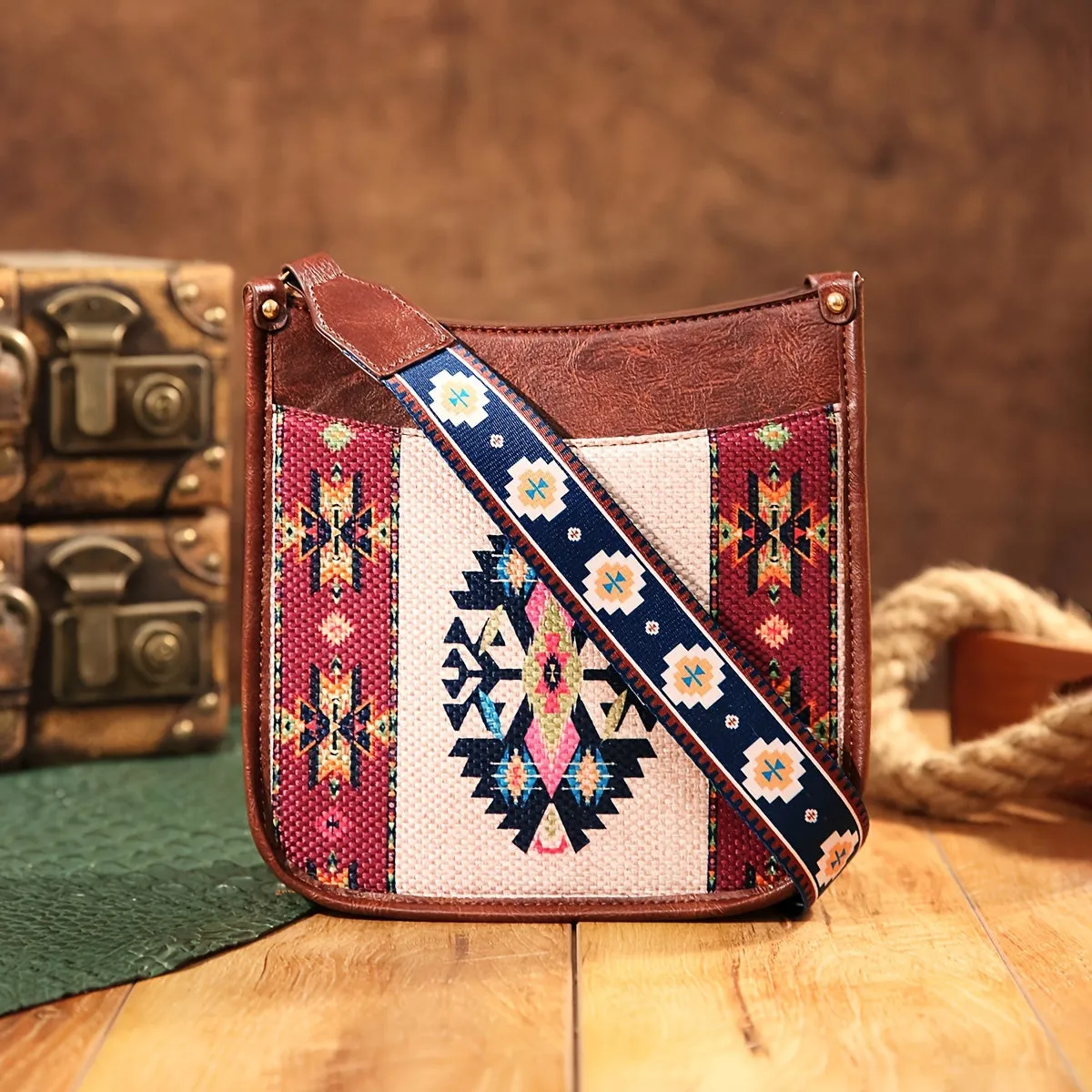 Vibrant Saddle Crossbody Bag - Made of High-Quality PU Leather with Adjustable Shoulder Strap, Stylish Crossbody Design, and Colorful Tribal Pattern - Inspired by Bohemian Western Cowboy Fashion, Perfect Shoulder Bag for Everyday Use