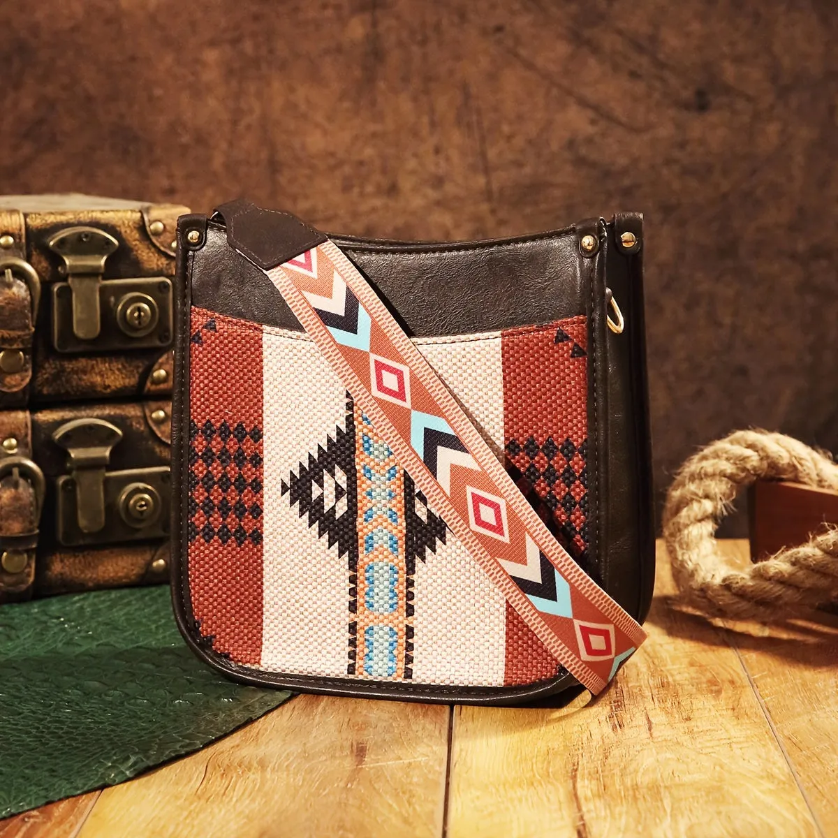 Vibrant Saddle Crossbody Bag - Made of High-Quality PU Leather with Adjustable Shoulder Strap, Stylish Crossbody Design, and Colorful Tribal Pattern - Inspired by Bohemian Western Cowboy Fashion, Perfect Shoulder Bag for Everyday Use