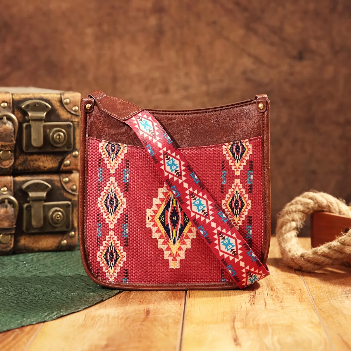 Vibrant Saddle Crossbody Bag - Made of High-Quality PU Leather with Adjustable Shoulder Strap, Stylish Crossbody Design, and Colorful Tribal Pattern - Inspired by Bohemian Western Cowboy Fashion, Perfect Shoulder Bag for Everyday Use