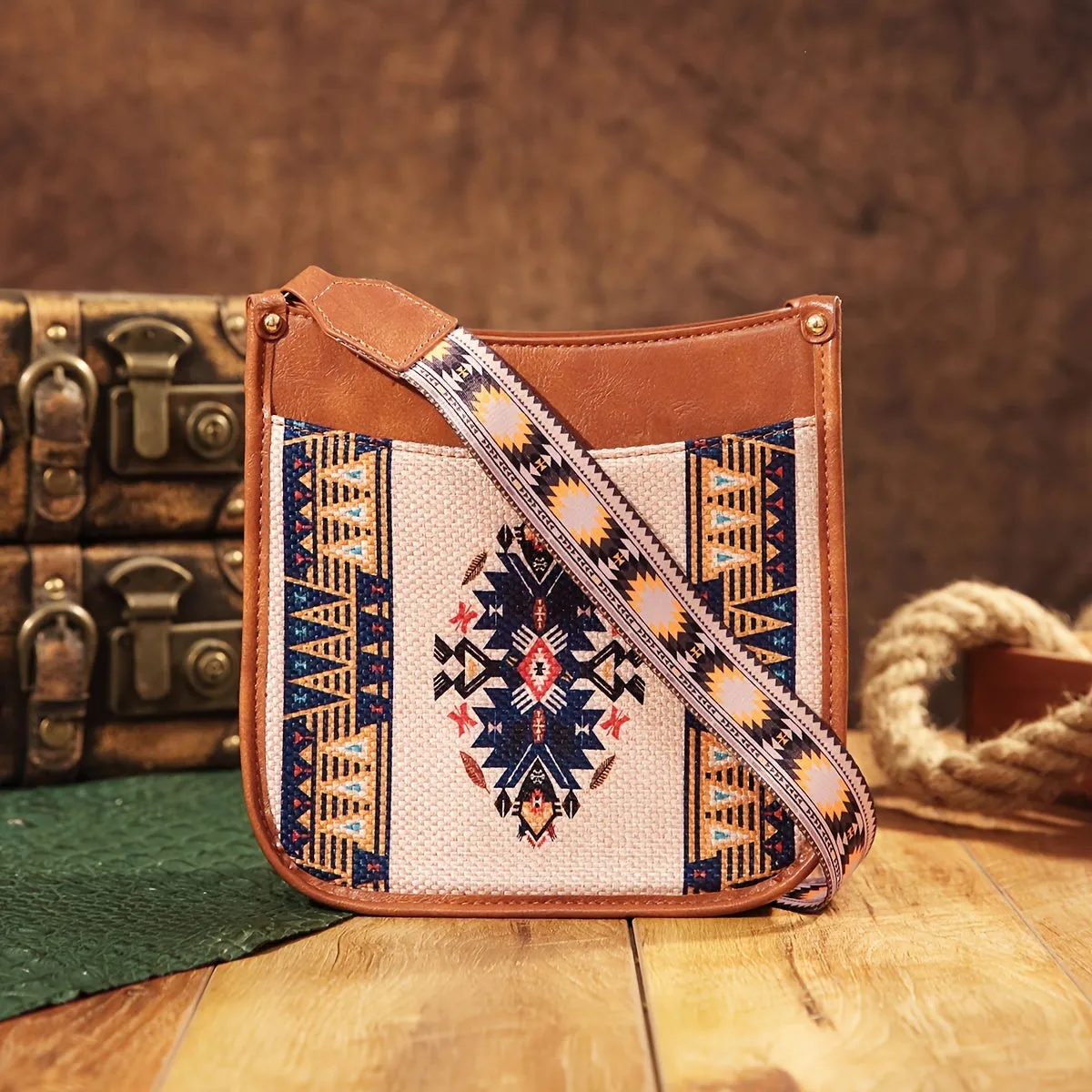 Vibrant Saddle Crossbody Bag - Made of High-Quality PU Leather with Adjustable Shoulder Strap, Stylish Crossbody Design, and Colorful Tribal Pattern - Inspired by Bohemian Western Cowboy Fashion, Perfect Shoulder Bag for Everyday Use