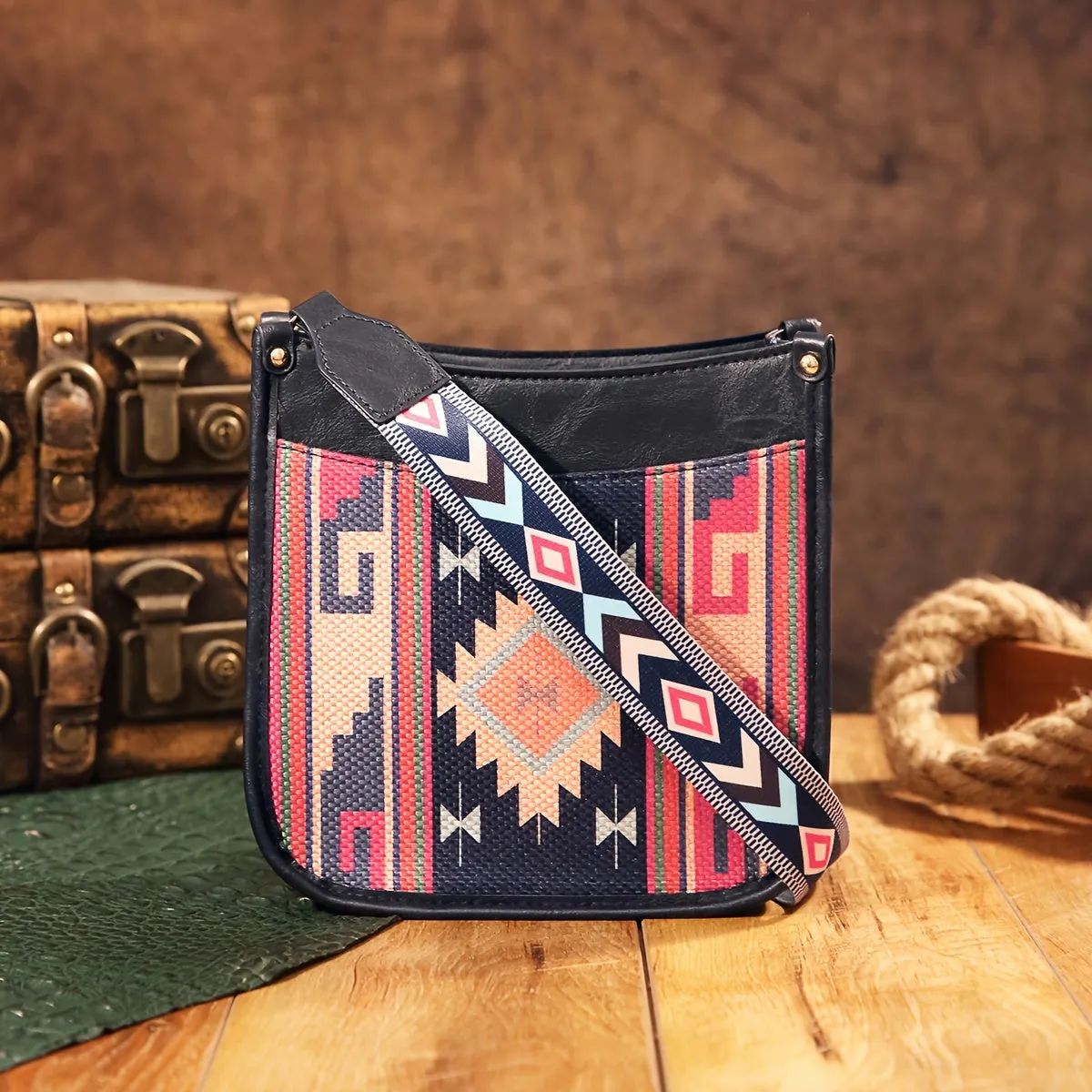 Vibrant Saddle Crossbody Bag - Made of High-Quality PU Leather with Adjustable Shoulder Strap, Stylish Crossbody Design, and Colorful Tribal Pattern - Inspired by Bohemian Western Cowboy Fashion, Perfect Shoulder Bag for Everyday Use