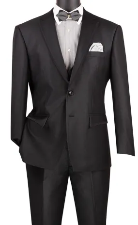 Vinci Modern Fit 3 Piece Suit Birdseye Pattern with Black Trim Black MV2B-1