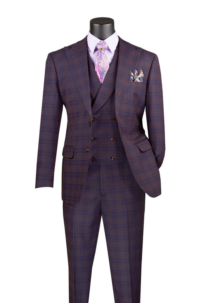 Vinci Modern Fit Windowpane Peak Lapel 3 Piece Suit Purple MV2W-3