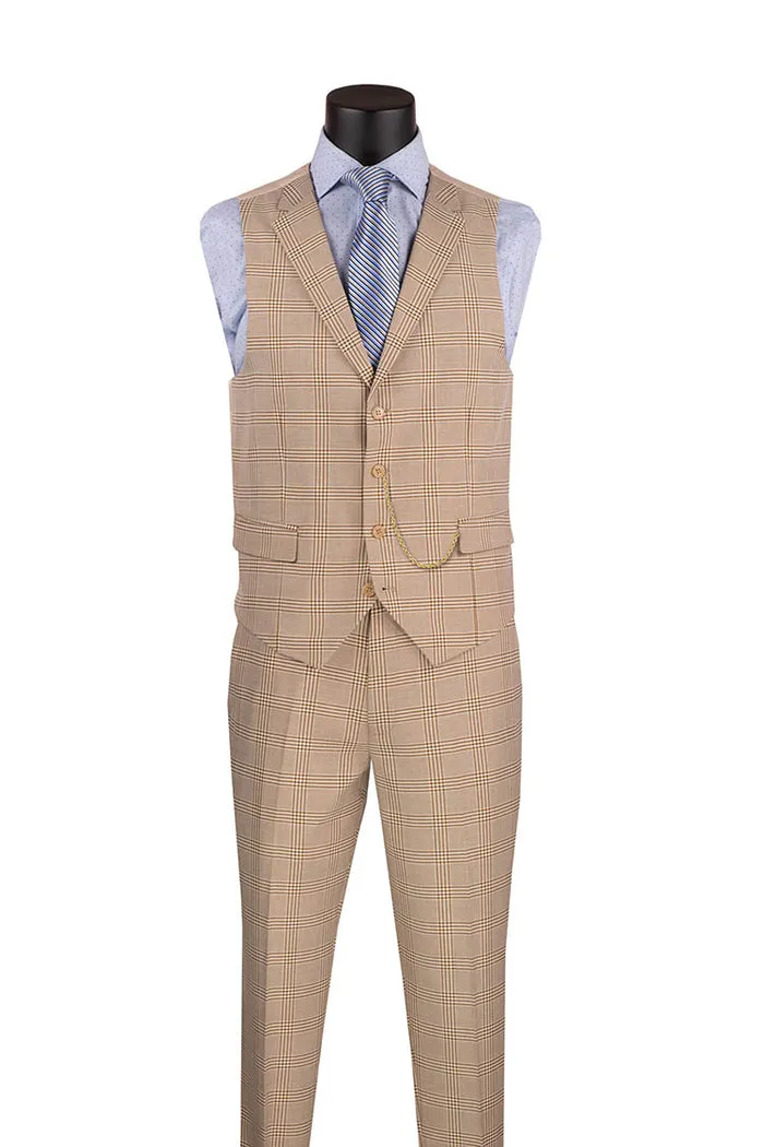 Vinci Slim Fit Suit Windowpane 3 Piece with Vest Beige SV2W-6