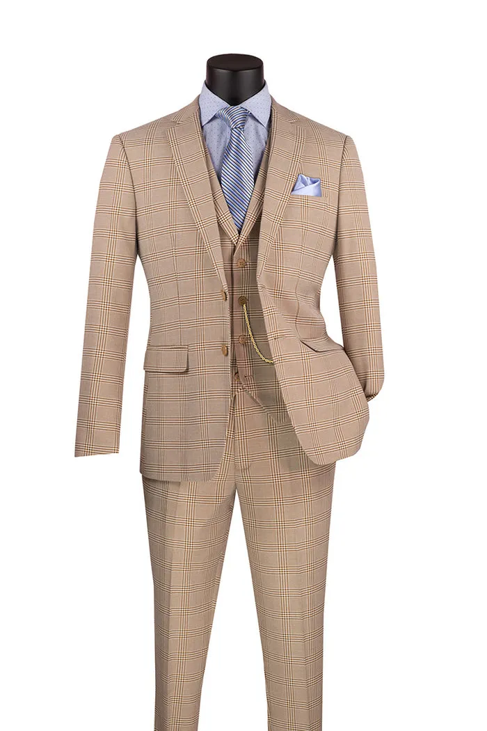 Vinci Slim Fit Suit Windowpane 3 Piece with Vest Beige SV2W-6