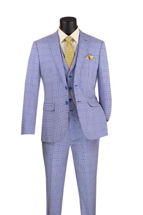 Vinci Slim Fit Suit Windowpane 3 Piece with Vest Sky Blue SV2W-6