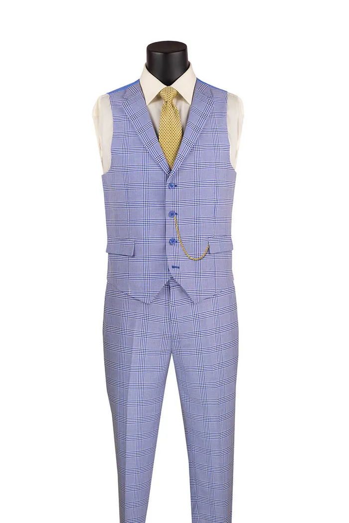 Vinci Slim Fit Suit Windowpane 3 Piece with Vest Sky Blue SV2W-6