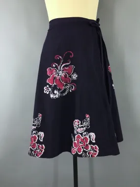 Vintage 1970s Batik Wrap Skirt with Navy Blue and Pink Floral Print