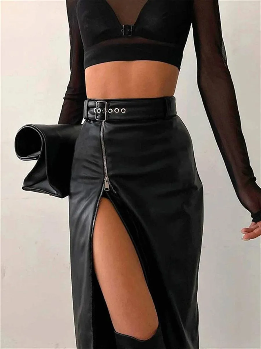 Vintage Black PU Leather Zipper Skirt: Edgy Streetwear Chic