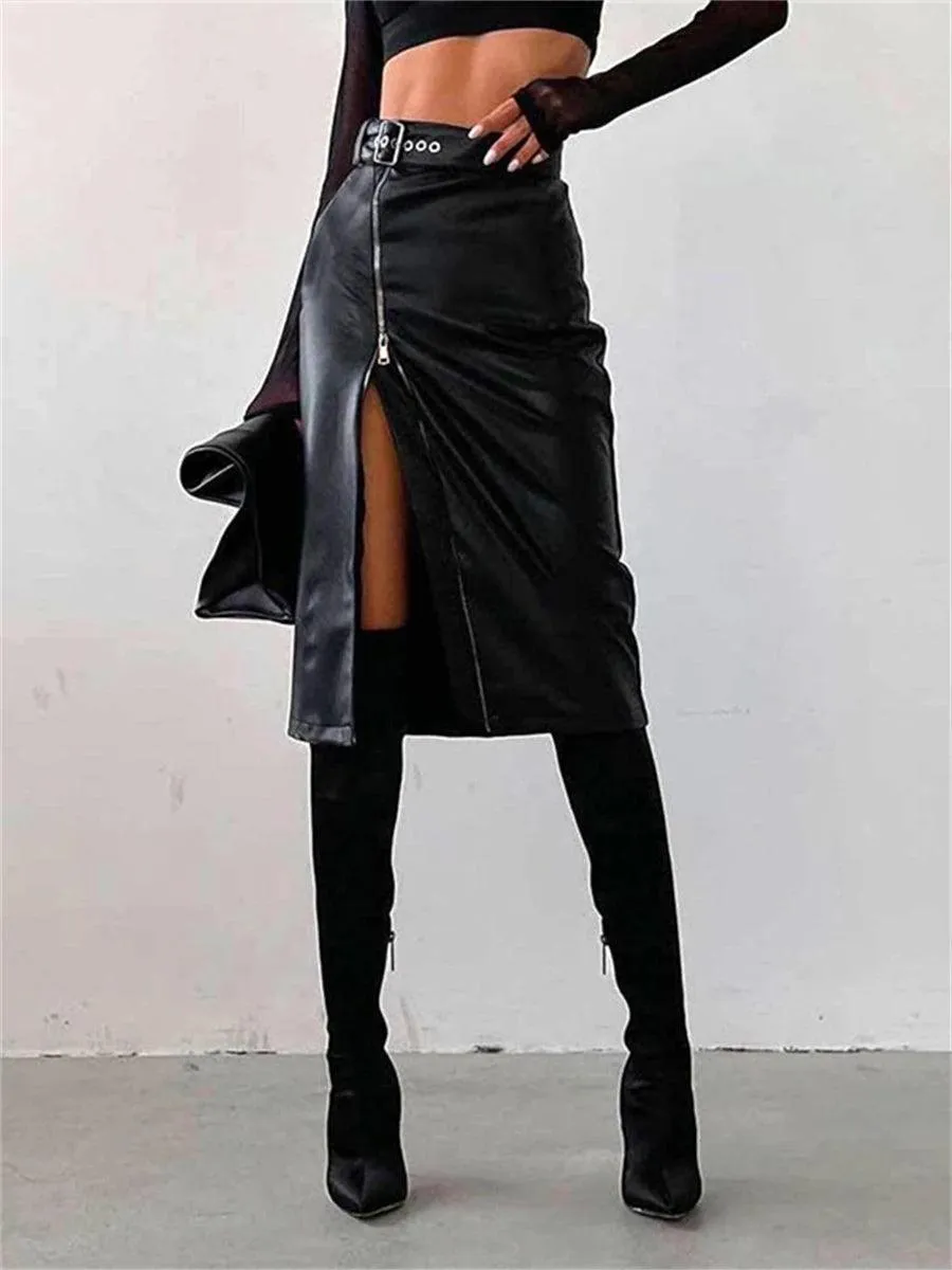 Vintage Black PU Leather Zipper Skirt: Edgy Streetwear Chic