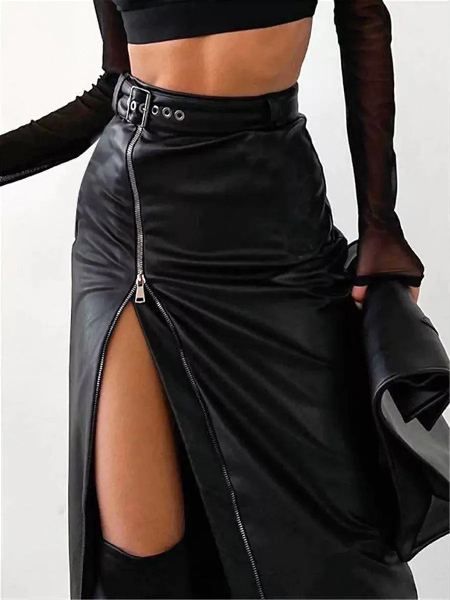 Vintage Black PU Leather Zipper Skirt: Edgy Streetwear Chic