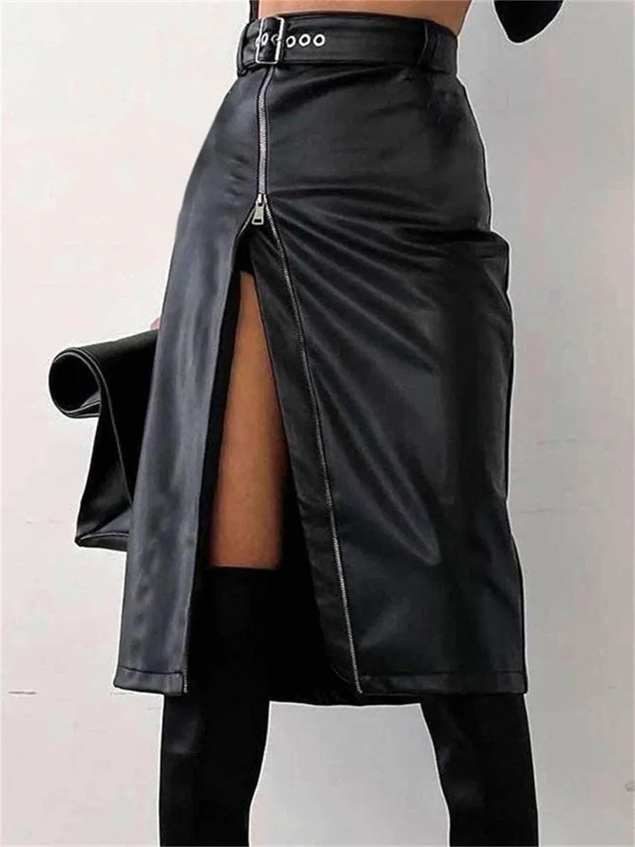 Vintage Black PU Leather Zipper Skirt: Edgy Streetwear Chic