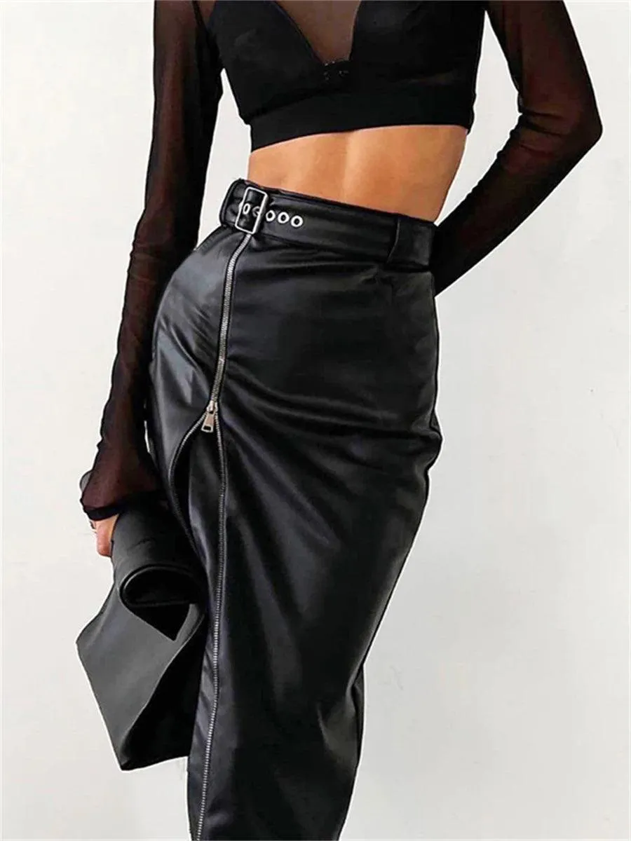 Vintage Black PU Leather Zipper Skirt: Edgy Streetwear Chic