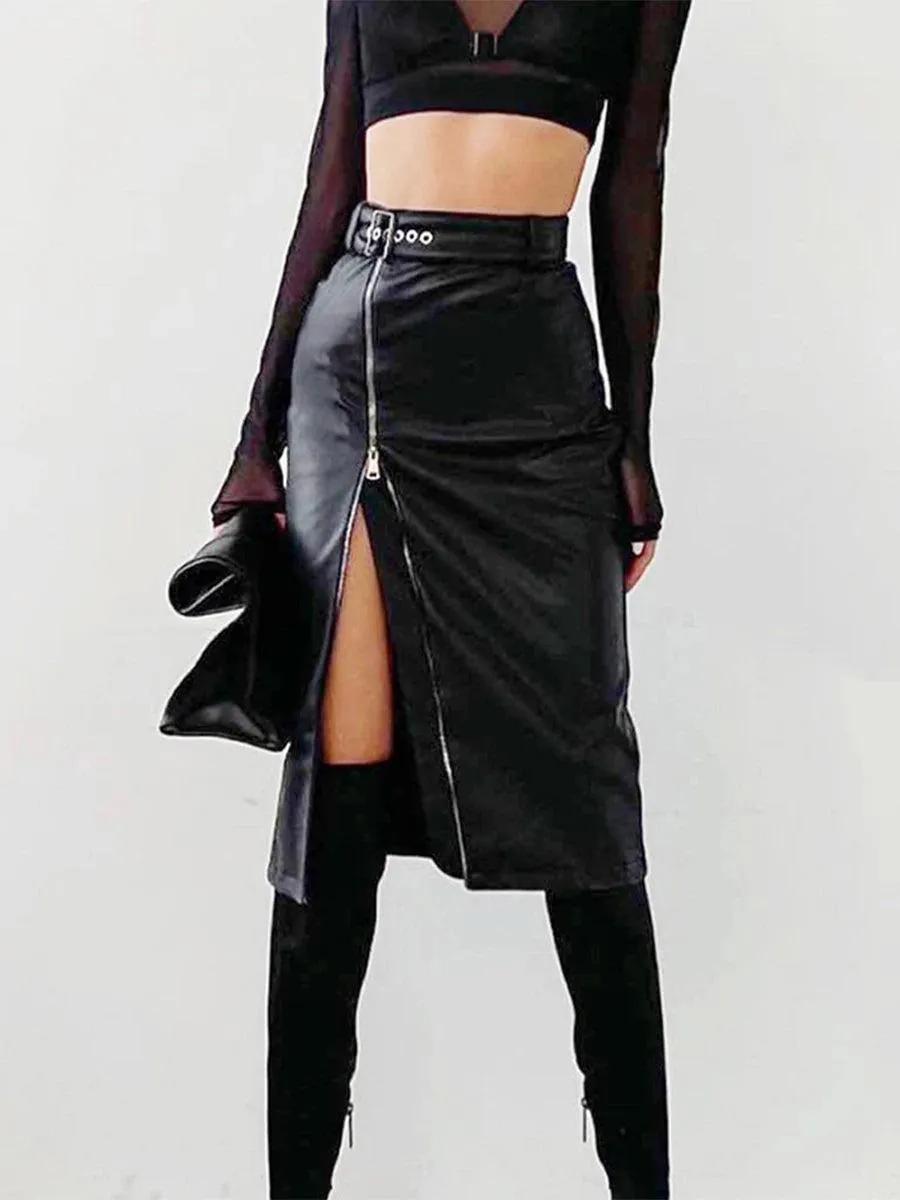 Vintage Black PU Leather Zipper Skirt: Edgy Streetwear Chic