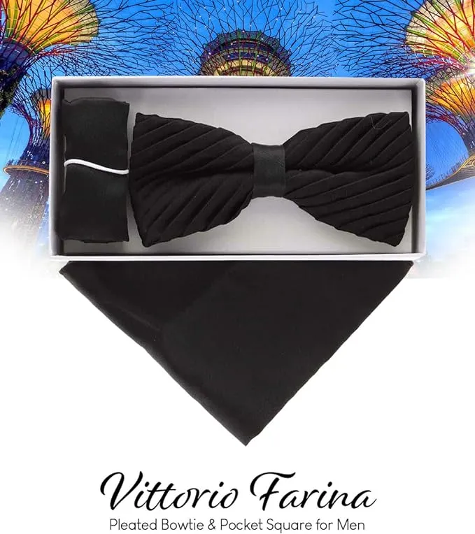 Vittorio Farina Men's Pleated Satin Bow Tie & Pocket Square in Gift Box