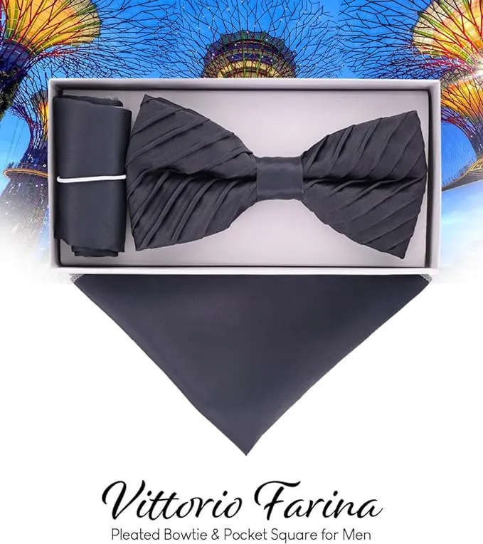 Vittorio Farina Men's Pleated Satin Bow Tie & Pocket Square in Gift Box