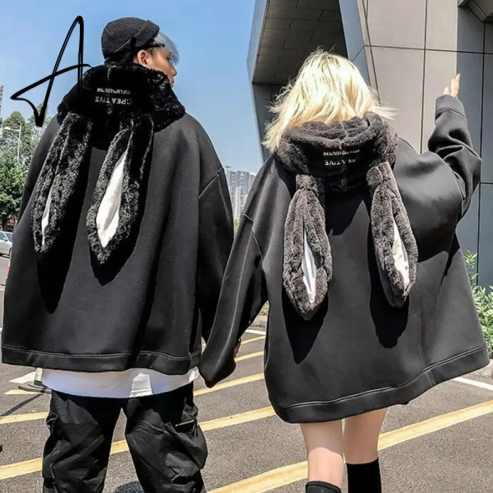 VOOCIEC Autumn Gothic Harajuku Style Couple Hoodie Cute Rabbit Ear Pullover Fashionable Loose Slim Long Couple's Preppy Coath