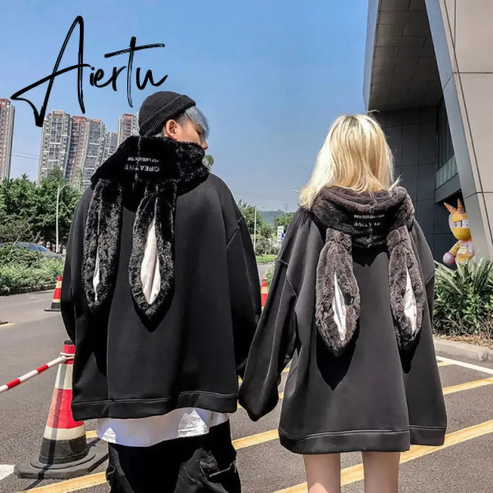 VOOCIEC Autumn Gothic Harajuku Style Couple Hoodie Cute Rabbit Ear Pullover Fashionable Loose Slim Long Couple's Preppy Coath