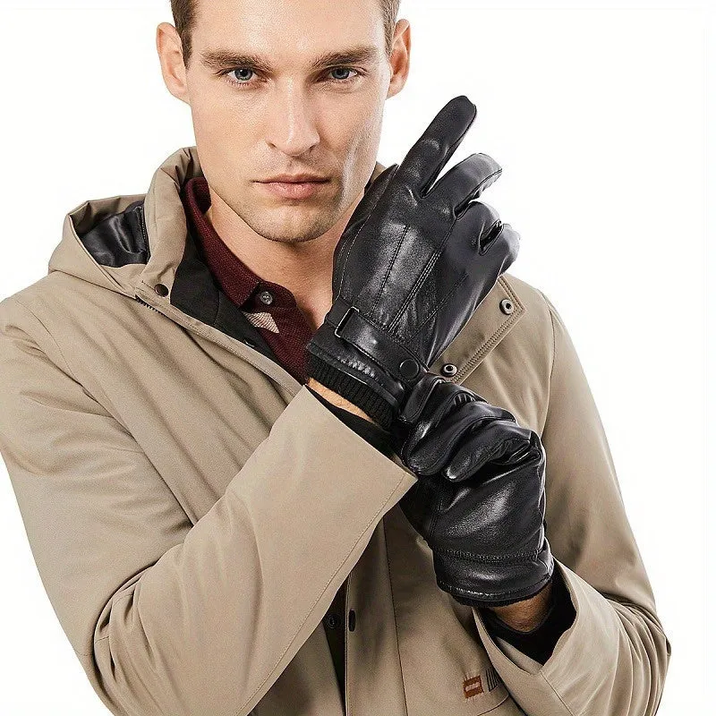 WarmthMaster Men's Insulated Black PU Leather Gloves - Water-Resistant, Flannel Lined, Short Length, Pull-On Closure, Dry Clean Only - Perfect for Outdoor Activities, Skiing, and Winter Sports