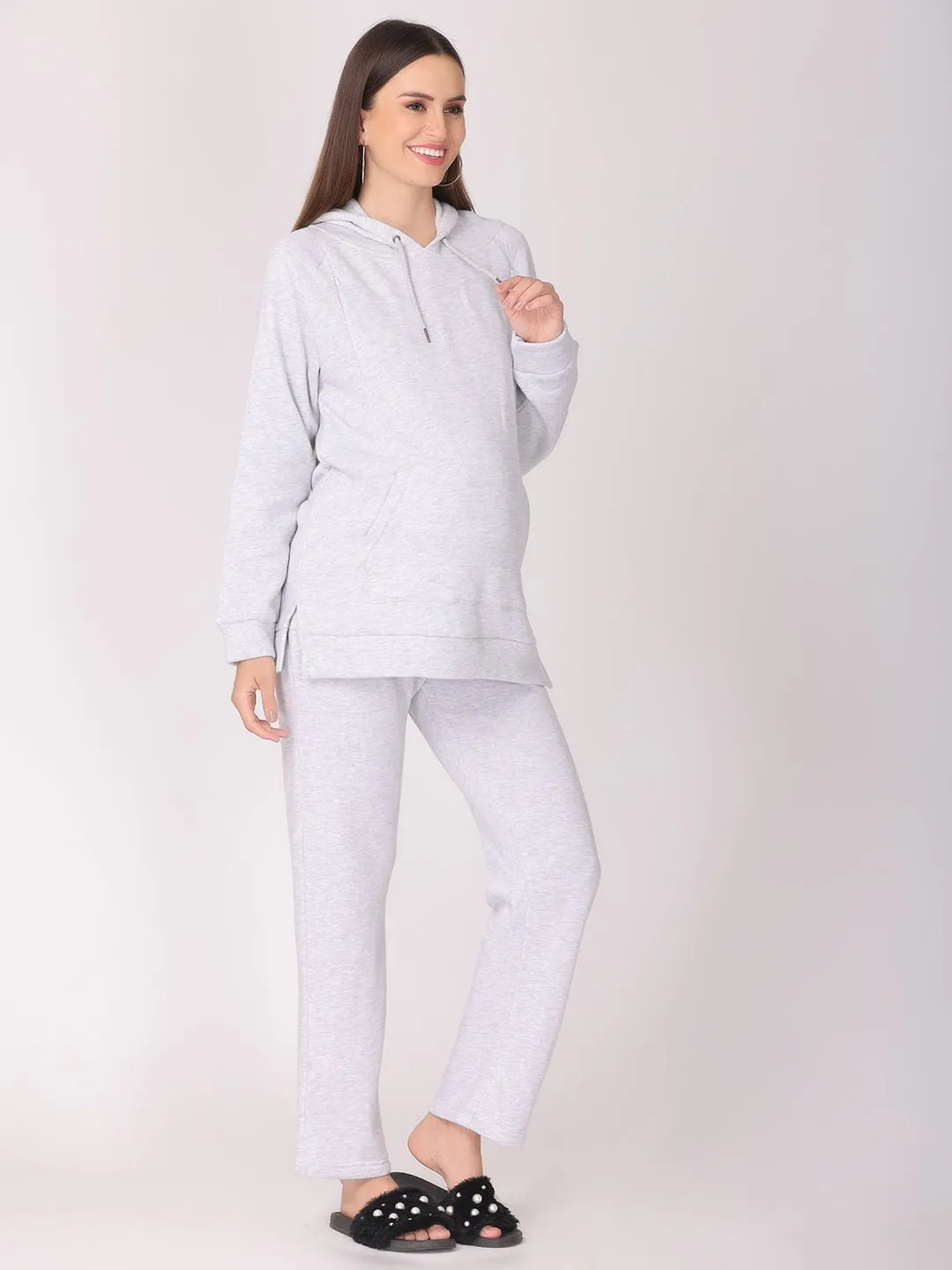 WFH Grey Maternity and Feeding Hoodie Pajama Loungewear Set