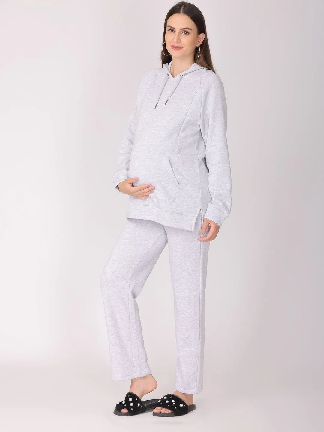 WFH Grey Maternity and Feeding Hoodie Pajama Loungewear Set