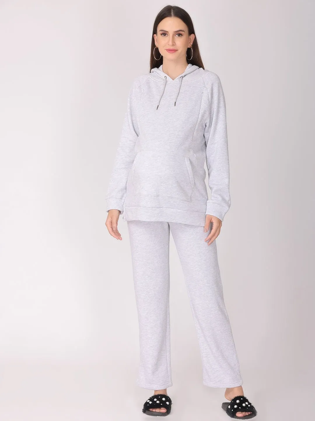 WFH Grey Maternity and Feeding Hoodie Pajama Loungewear Set