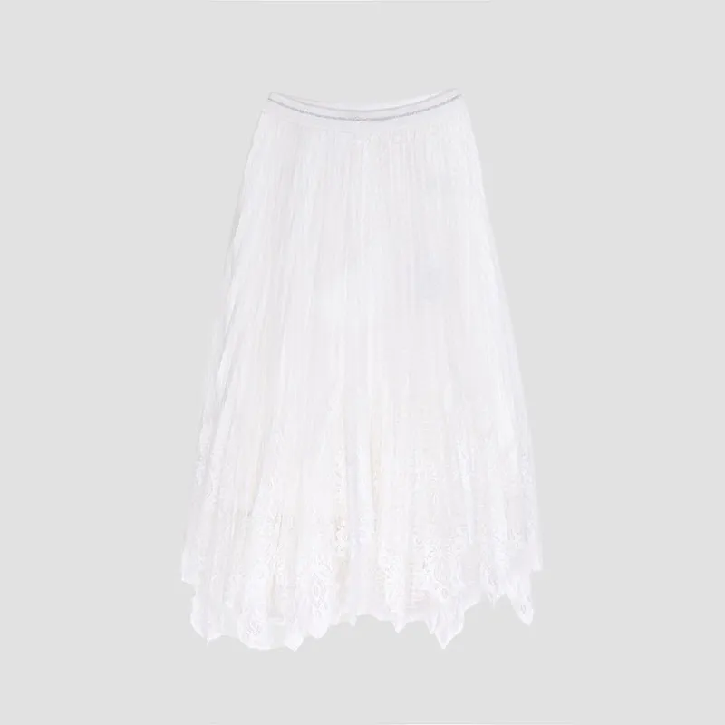 White Waistband Lace Midi Skirt