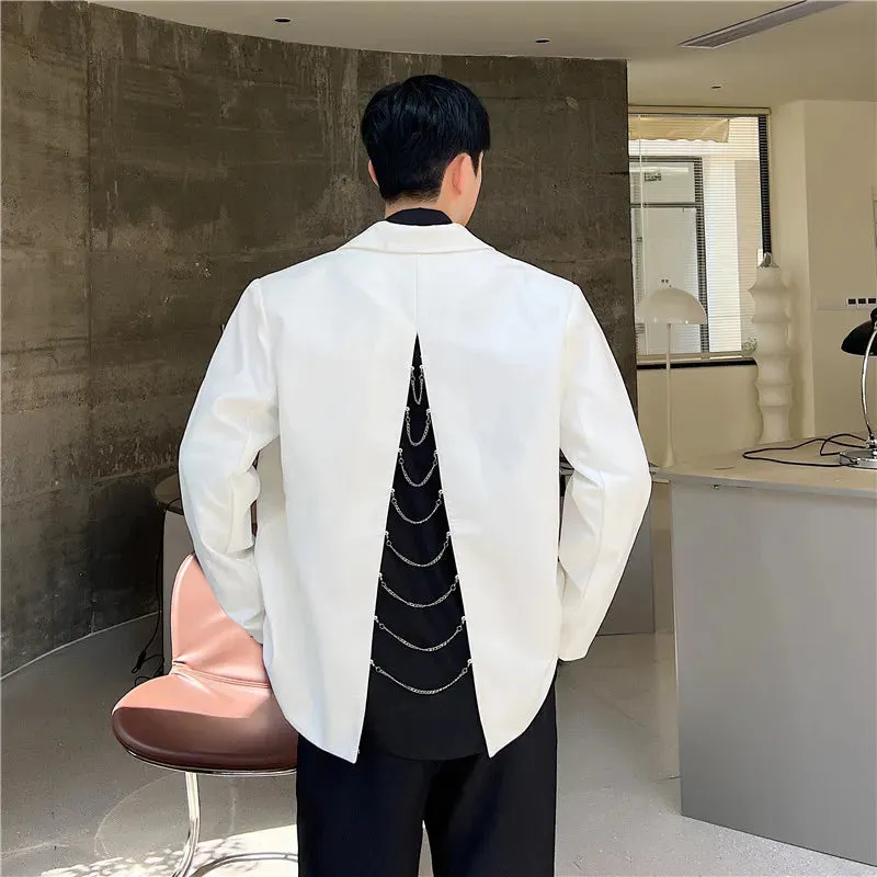 Wiaofellas  -  Back Split Suit Jacket Men Solid Color Metal Chain Decor Blazer Spring Chic Loose Casual Black Male Handsome Stylish Blazers