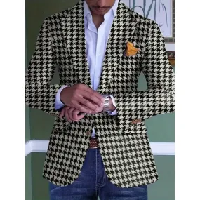 Wiaofellas  -  Men's Blazer Houndstooth Pattern Pockets Single Breasted Lapel Collar Blazer Stylish Suit Jacket for Office and Formal Occasions