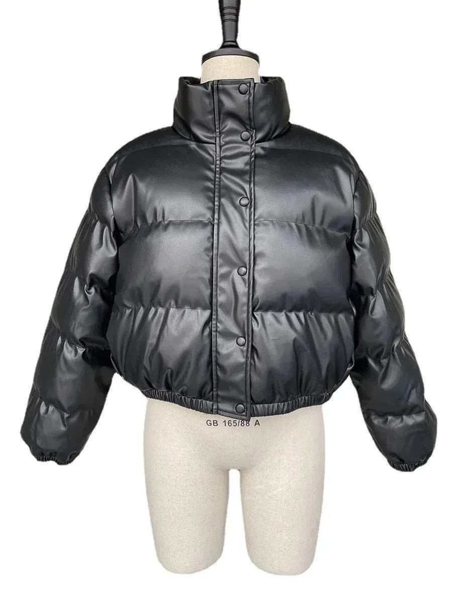 Winter Fashion: Stylish Black PU Leather Parkas for Women: Elegant Zipper Closure Coats