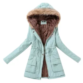 Winter Jacket Women Fur Collar Parkas Slim Zipper Parkas Wool Hat