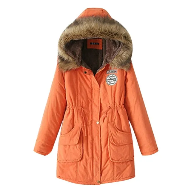 Winter Jacket Women Fur Collar Parkas Slim Zipper Parkas Wool Hat