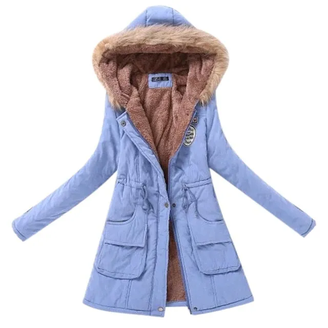 Winter Jacket Women Fur Collar Parkas Slim Zipper Parkas Wool Hat