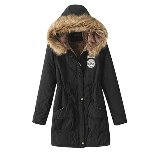 Winter Jacket Women Fur Collar Parkas Slim Zipper Parkas Wool Hat